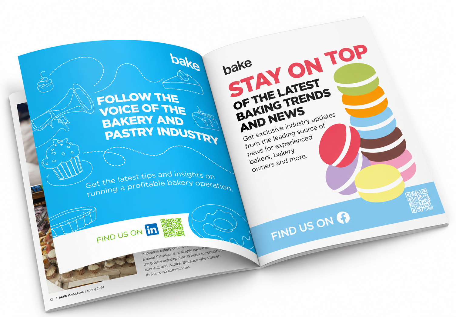 Full-page bake magazine print ad design promoting industry insights and trends for bakers and pastry professionals.