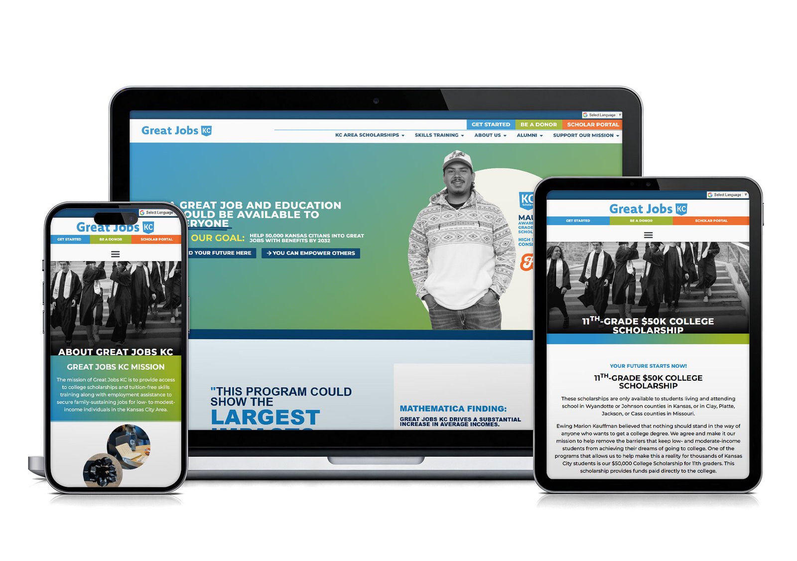 Responsive website design for Great Jobs KC, promoting job access and educational scholarships for Kansas City residents.