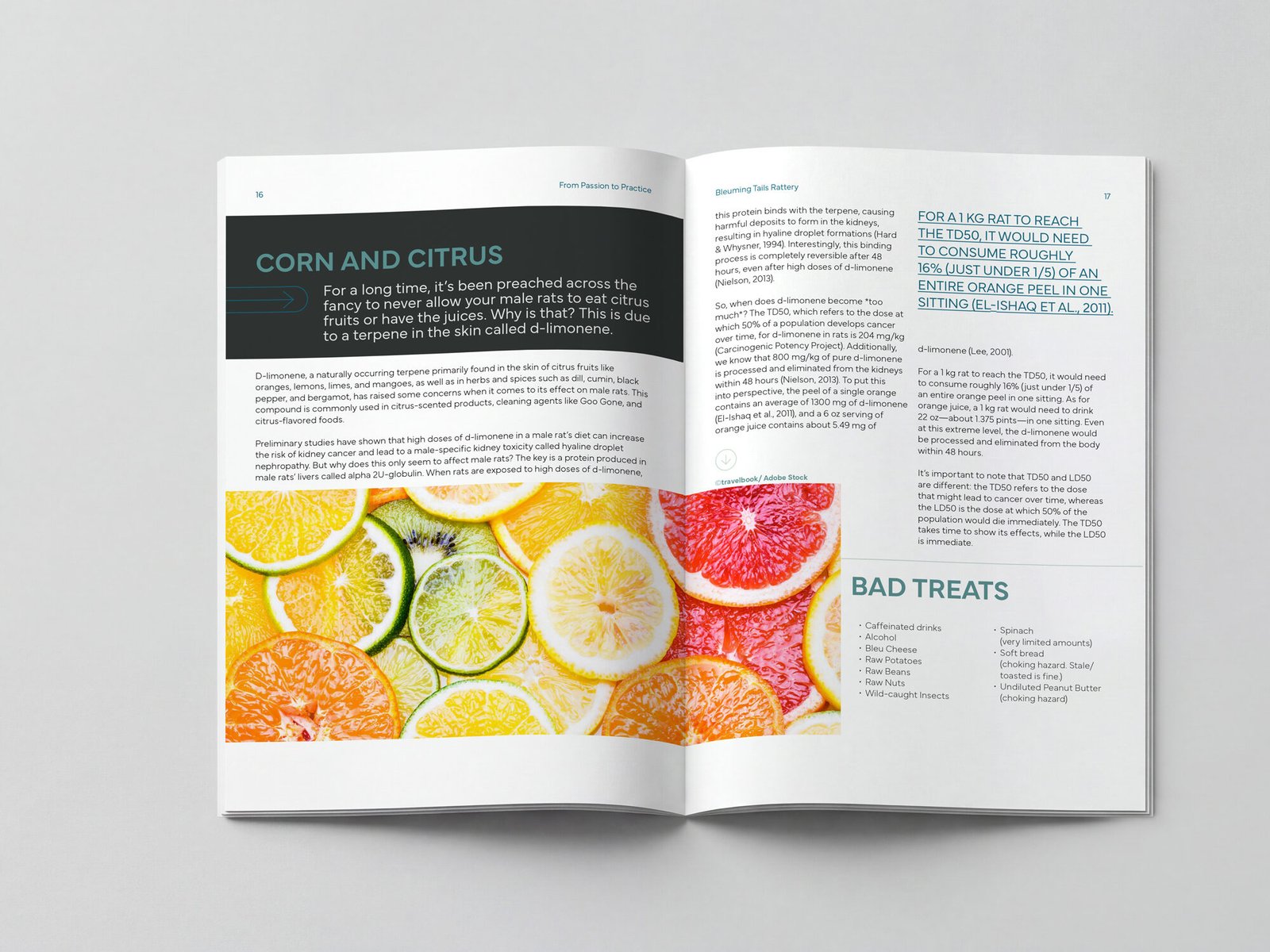 Guide on d-limonene in citrus fruits and its effects on male rats, with visual examples of various citrus slices.