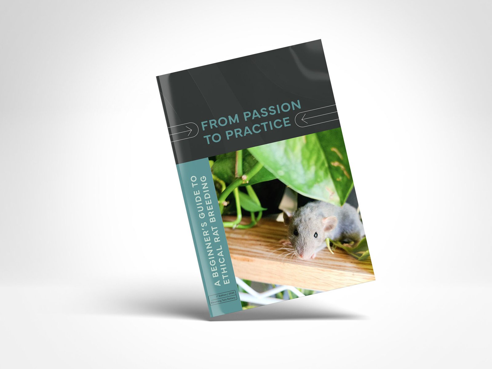 Guidebook titled "From Passion to Practice: A Beginner's Guide to Ethical Rat Breeding" featuring a rat among greenery.