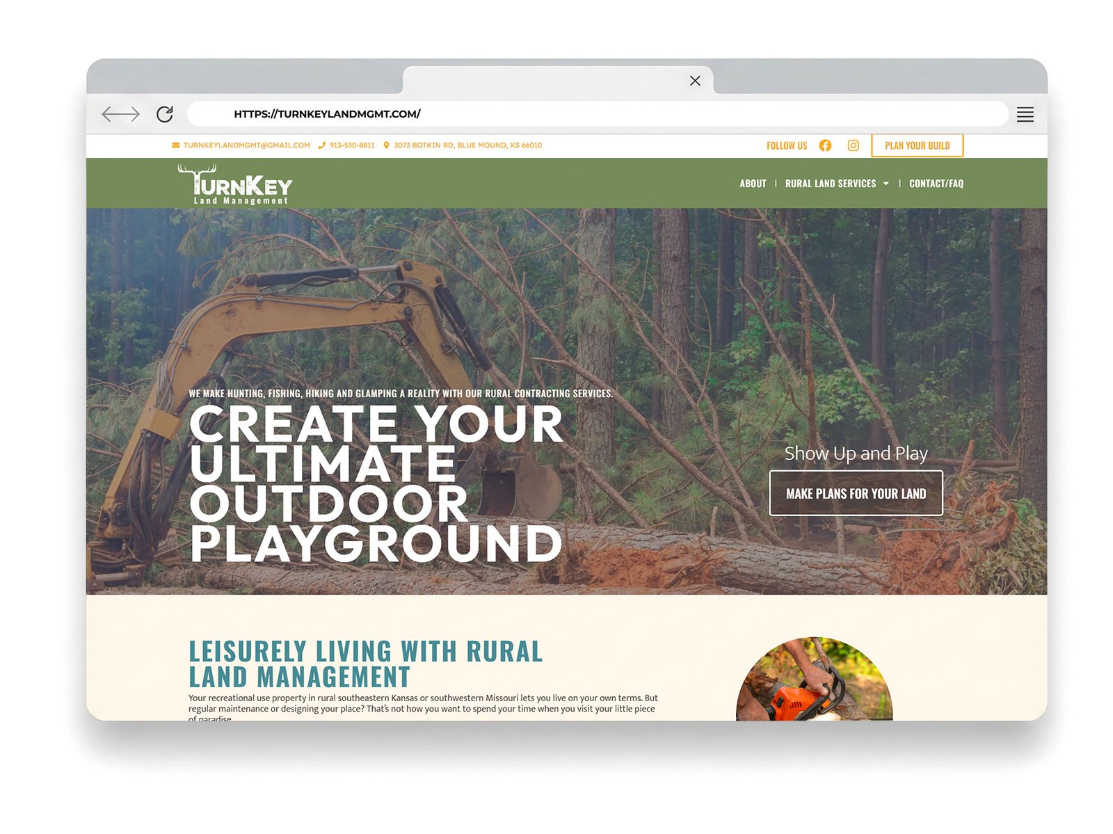 Website showcasing Turnkey Land Management's services for creating outdoor spaces, emphasizing brand identity and website design.