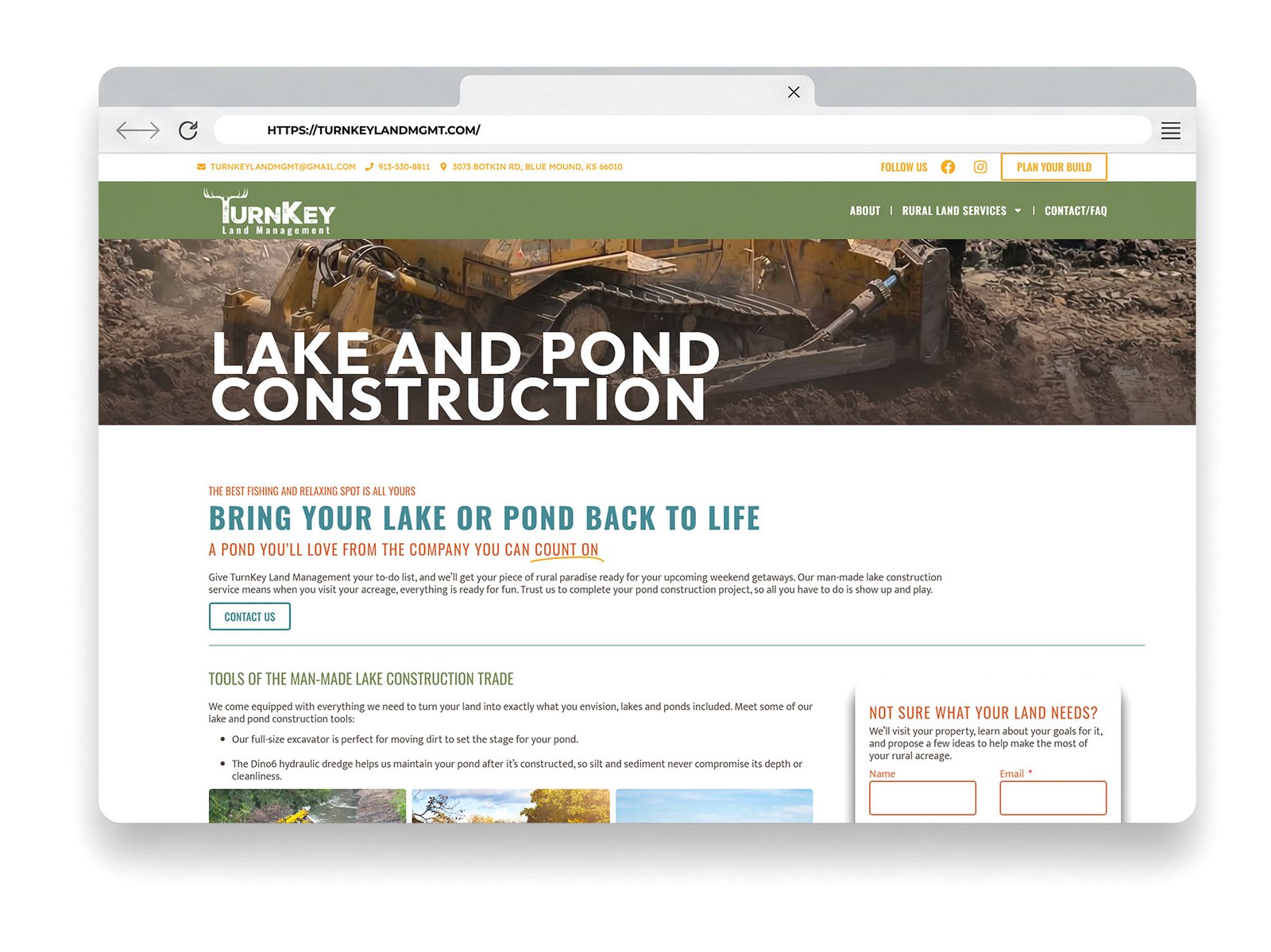 Website showcasing TurnKey's lake and pond construction services, emphasizing brand identity and website design.