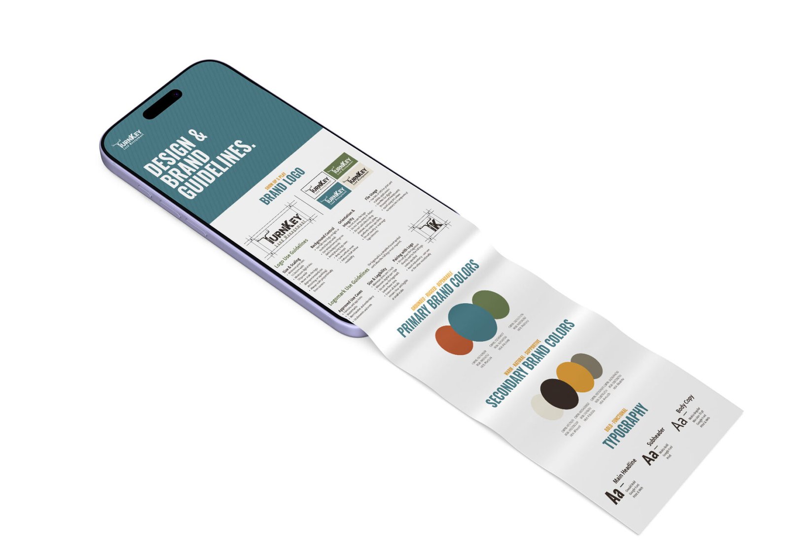 Brand guidelines displayed on a smartphone, featuring logo usage, color palette, and typography details.