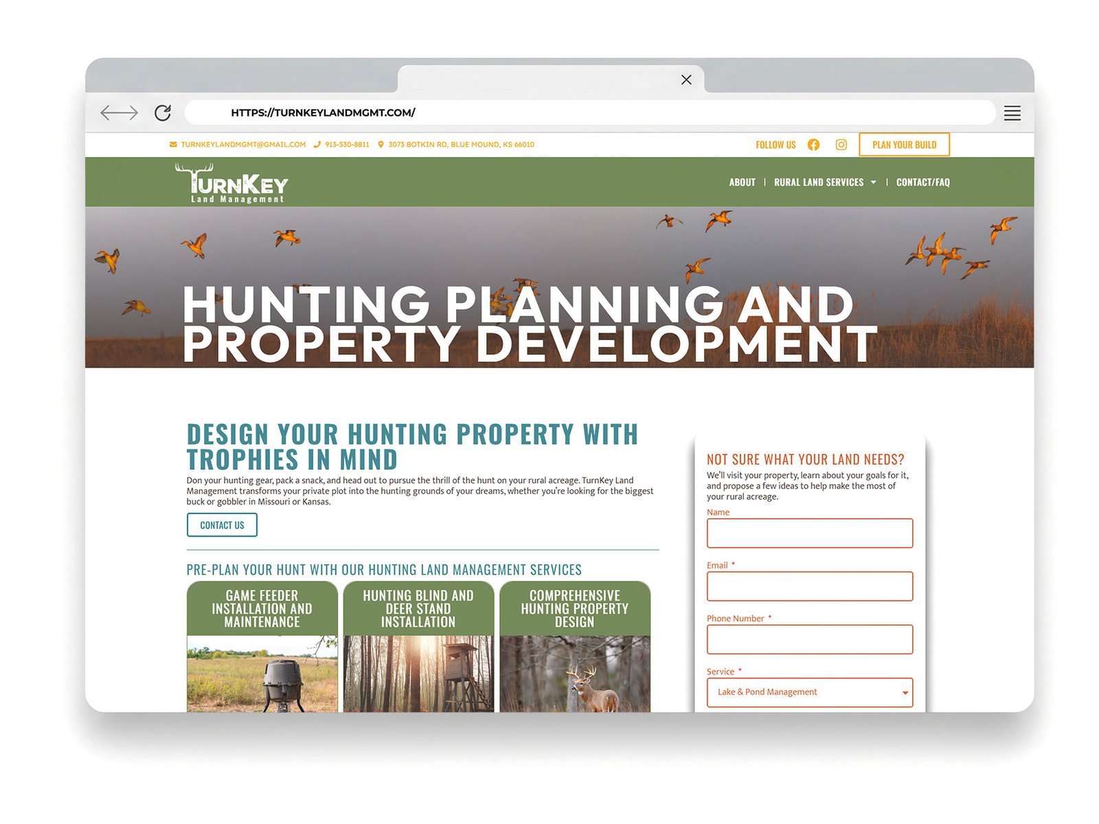 Website showcasing TurnKey Land Management's services for hunting planning and property development, emphasizing brand identity and website design.