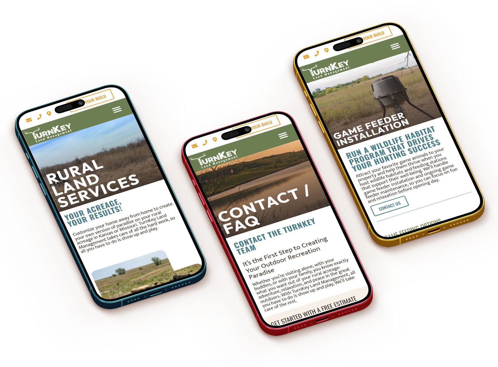 Three smartphones display Turnkey's brand identity and website design, showcasing rural land services and contact information.