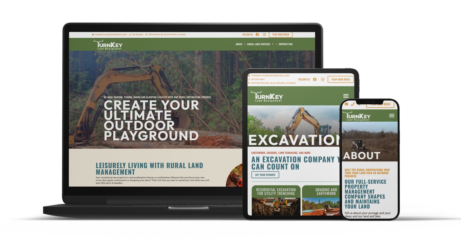 Showcasing Turnkey's brand identity, featuring their website design for rural land management services on multiple devices.