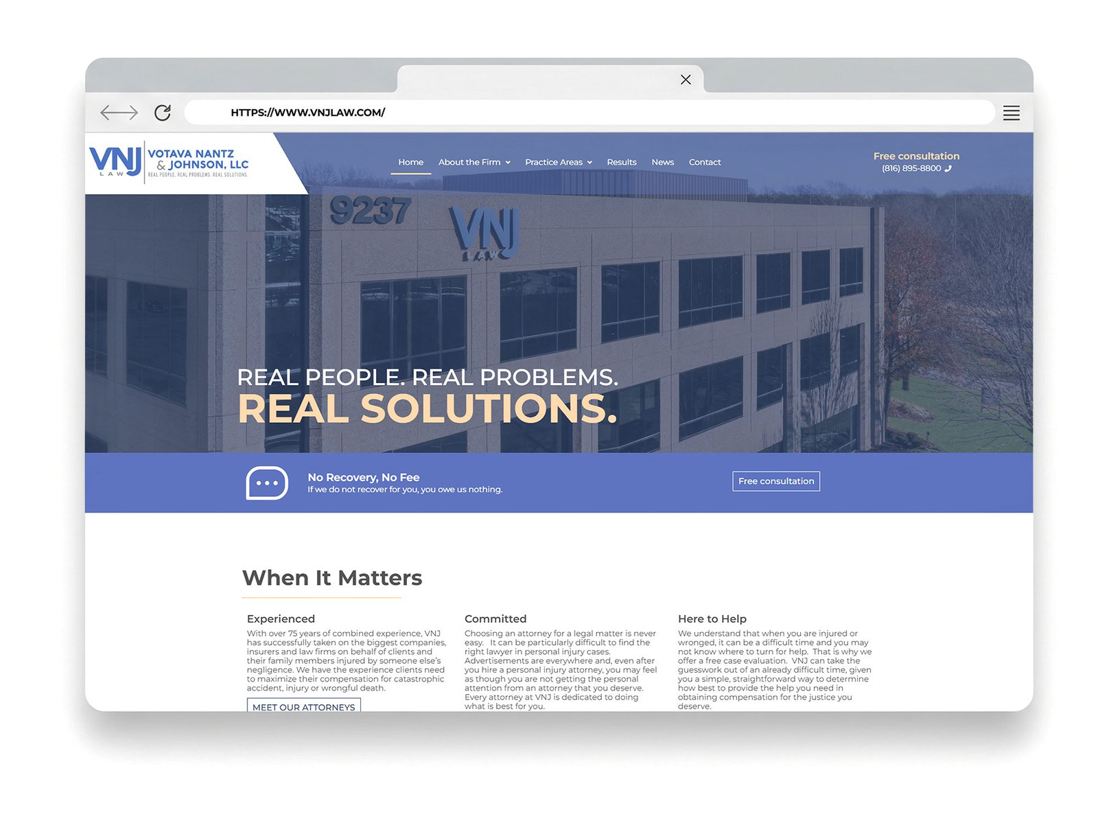 Law firm website for Votava Nantz & Johnson, highlighting services, free consultations, and a commitment to client support.