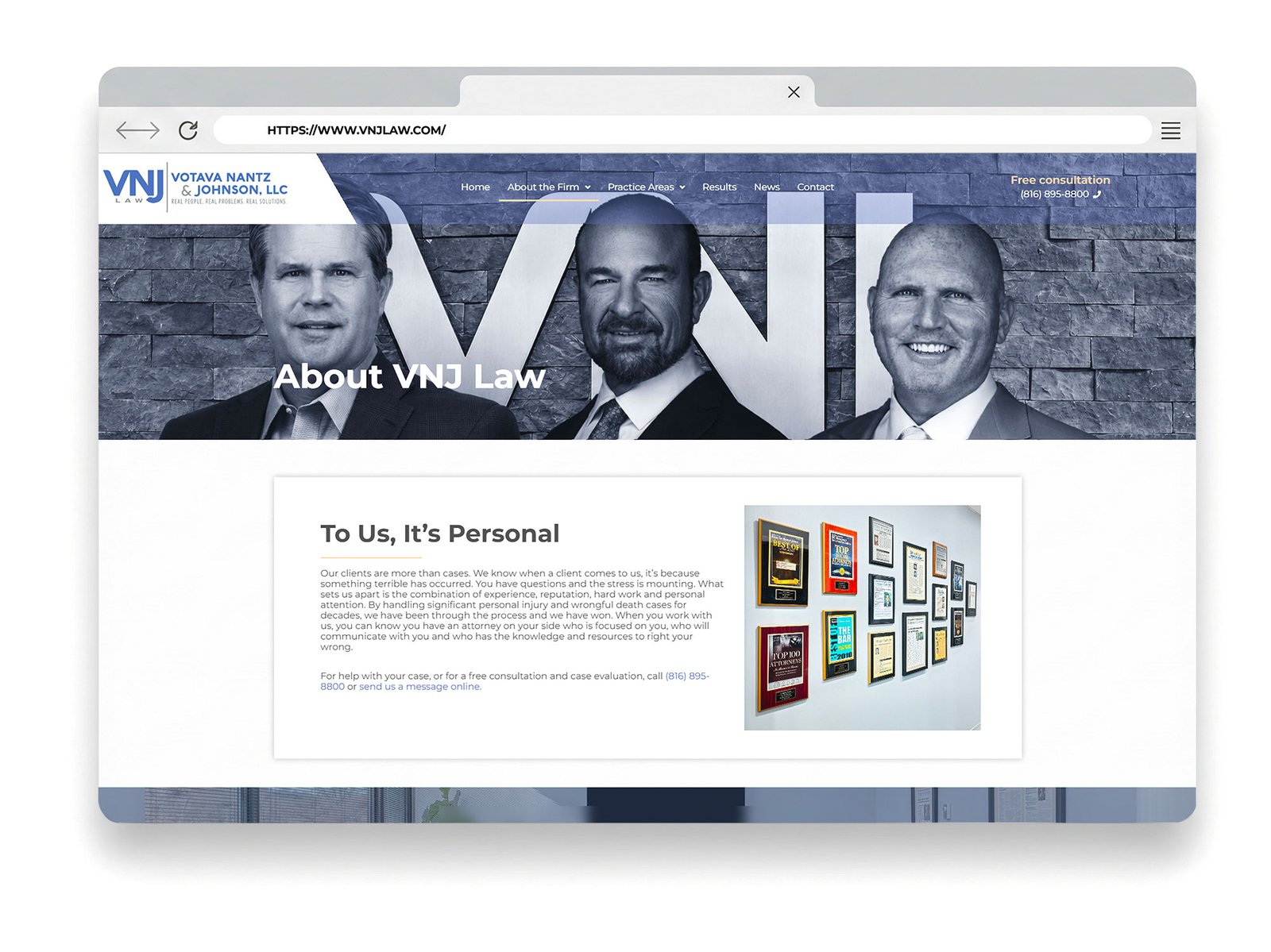 VNJ Law website showcasing attorneys and their commitment to personal client care in legal matters.