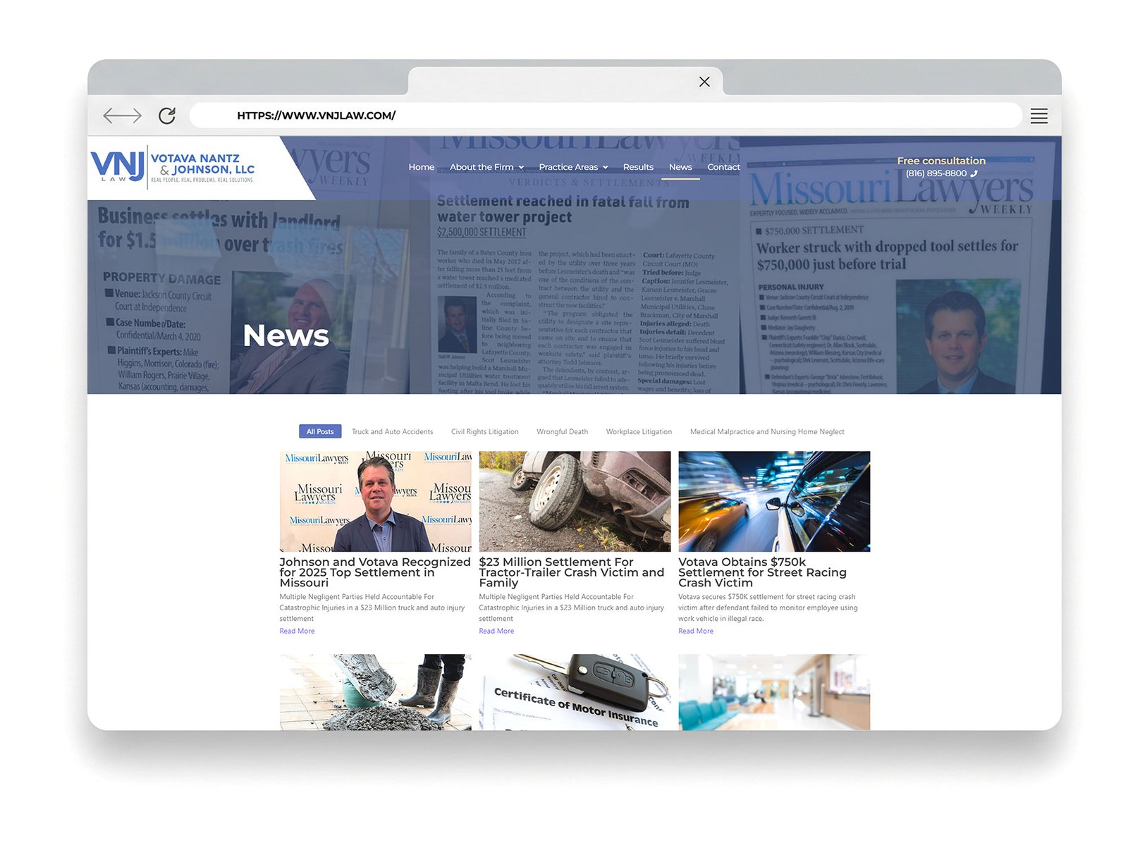 Law firm website news section highlighting recent settlements and legal updates in Missouri.
