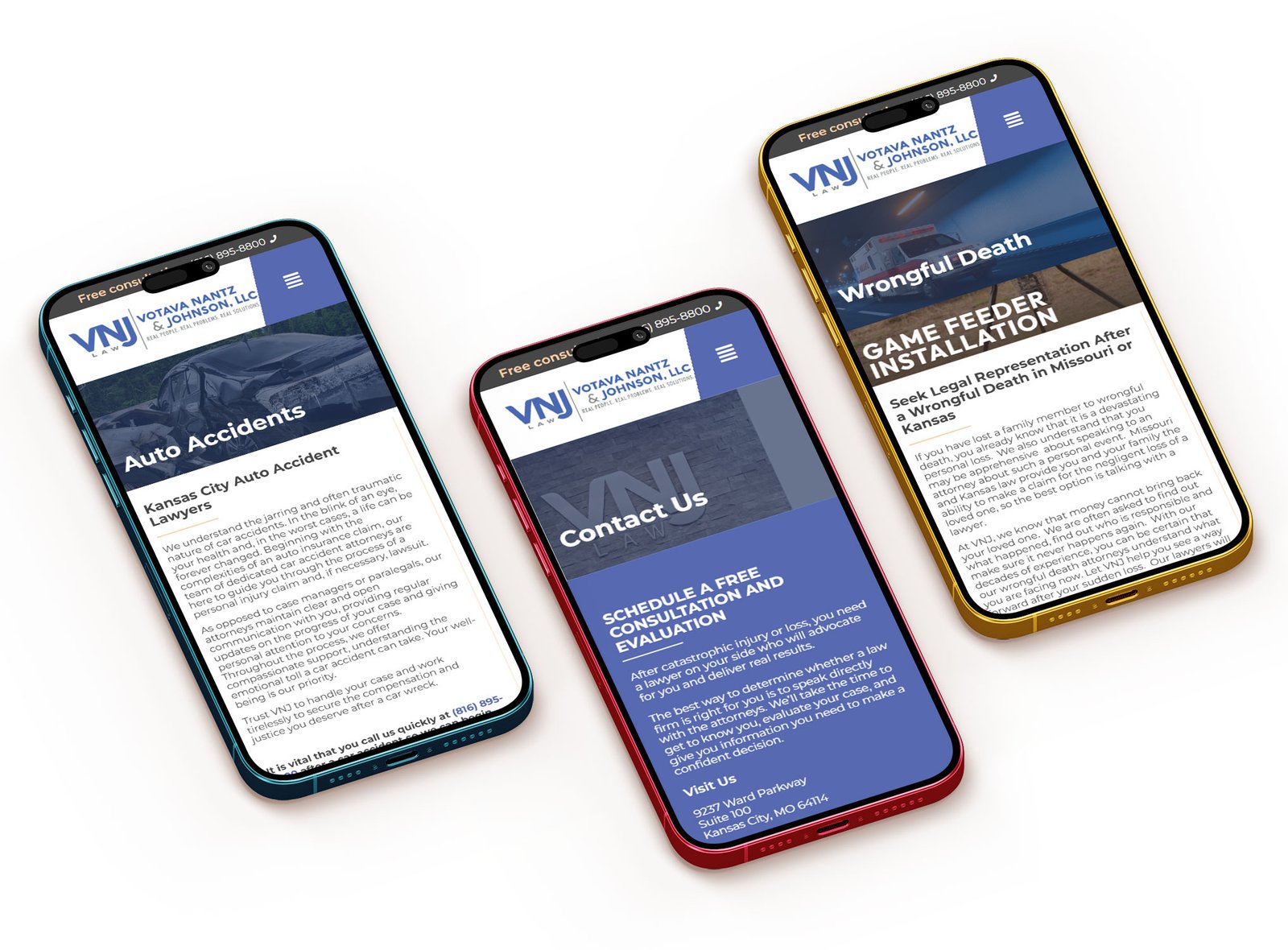 Three smartphones display the Votava Nantz & Johnson law firm's website, featuring services for auto accidents and wrongful death.