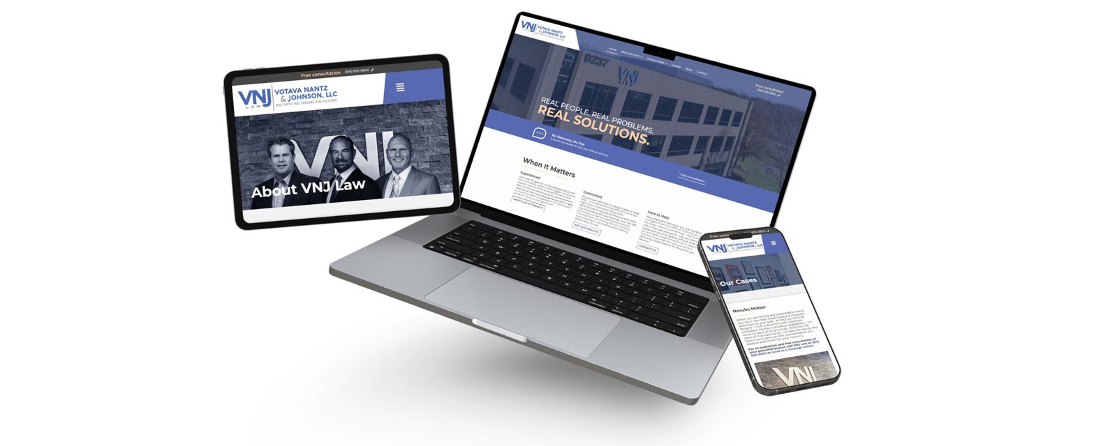 Three devices displaying the Votava Nantz & Johnson law firm's website, highlighting their services and contact information.
