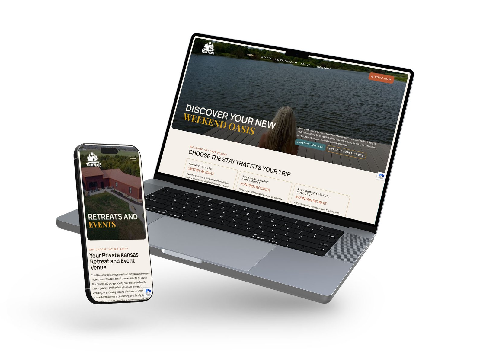 Website showcasing a retreat venue with options for weekend getaways and events on laptop and mobile screens.