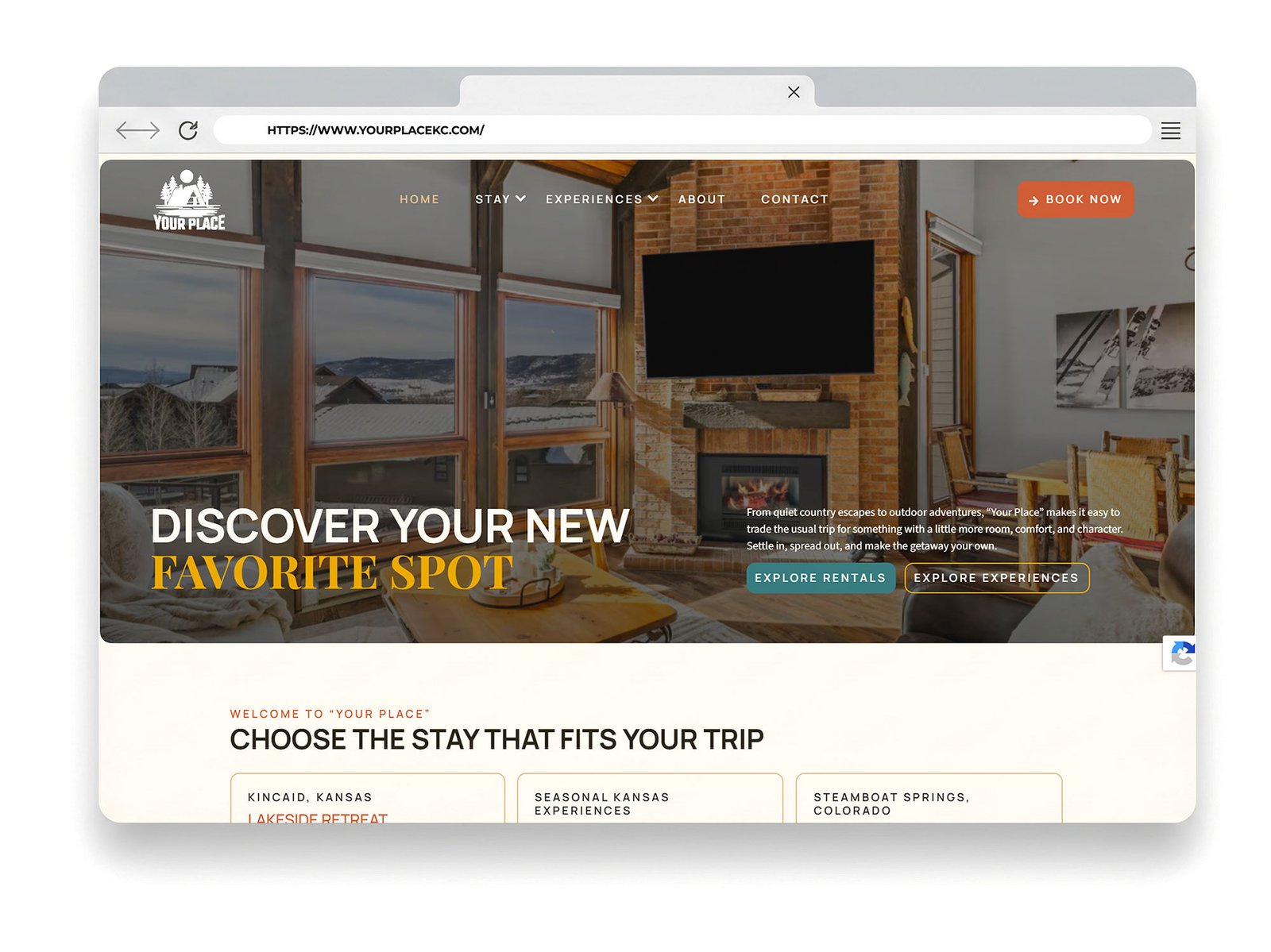 Modern vacation rental website redesign showcasing cozy accommodations and inviting outdoor views for travelers.