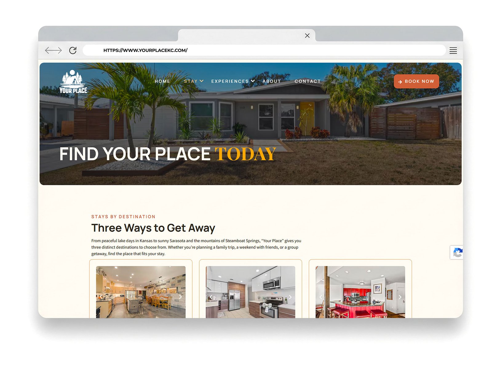 Vacation rental website redesign showcasing a welcoming home and options for various getaway destinations.