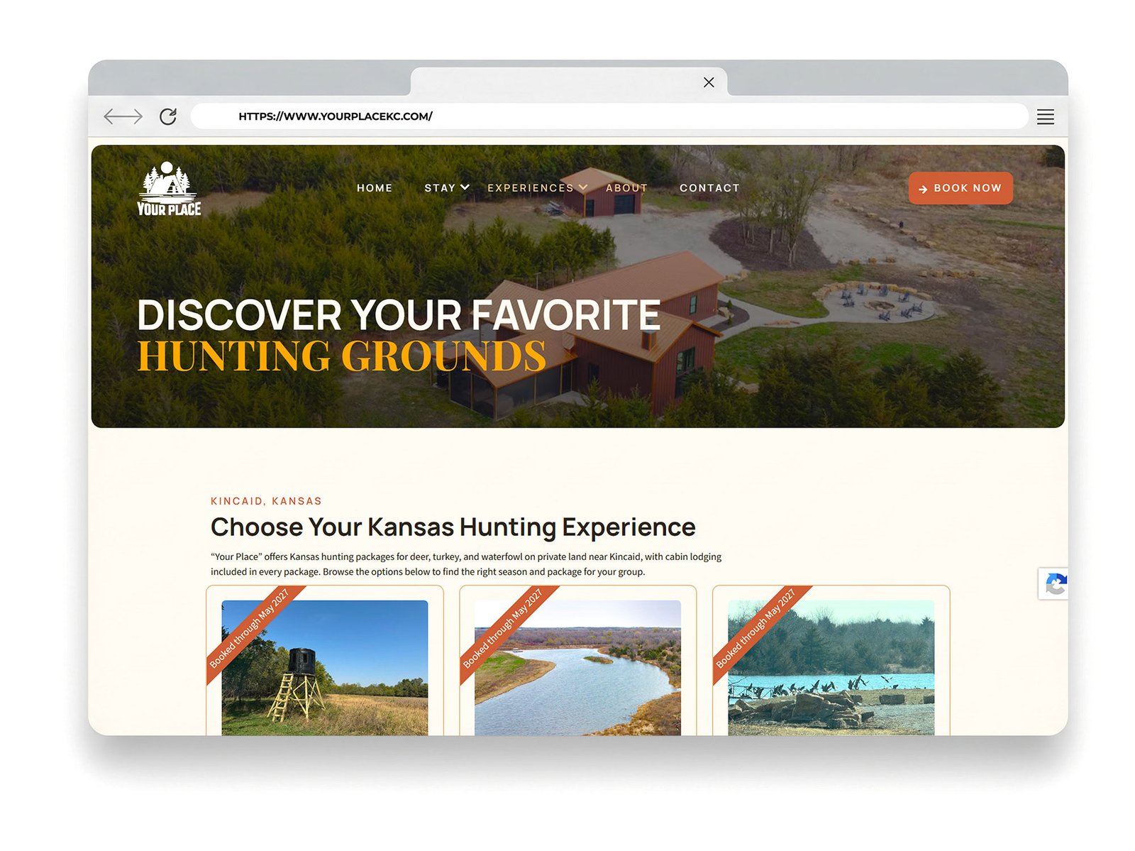 Website showcasing vacation rental options for hunting experiences in Kincaid, Kansas, featuring cabin lodging and activities.