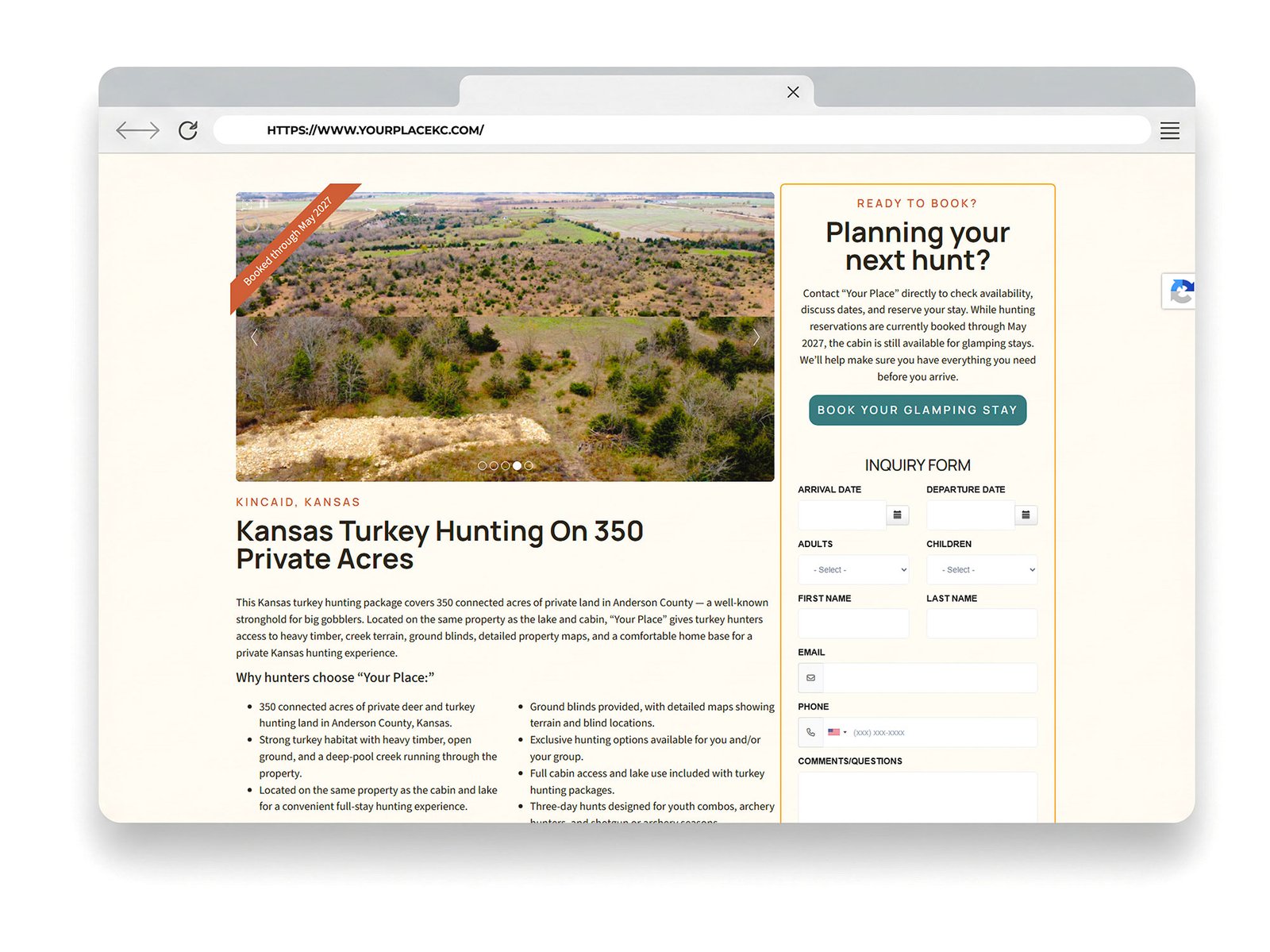 Kansas turkey hunting package details on a vacation rental website redesign, showcasing private land and booking options.