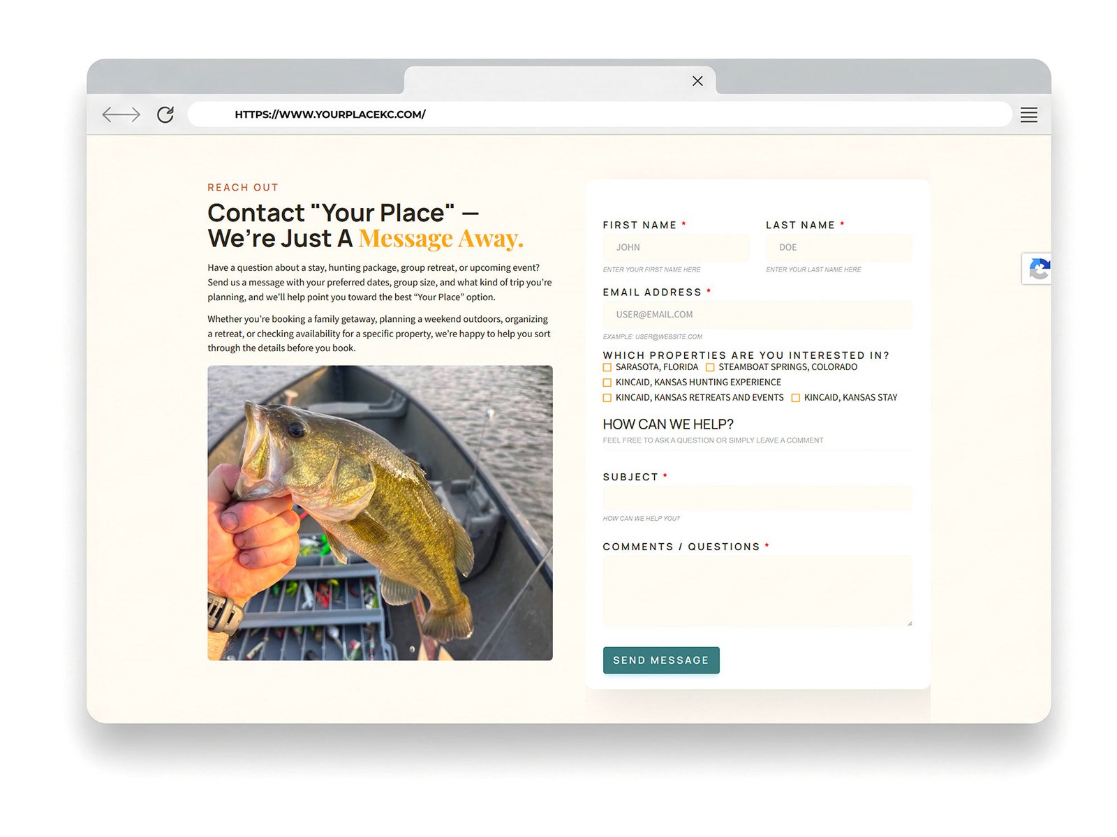 Contact form for Your Place vacation rental website redesign, featuring options for inquiries about stays and properties.