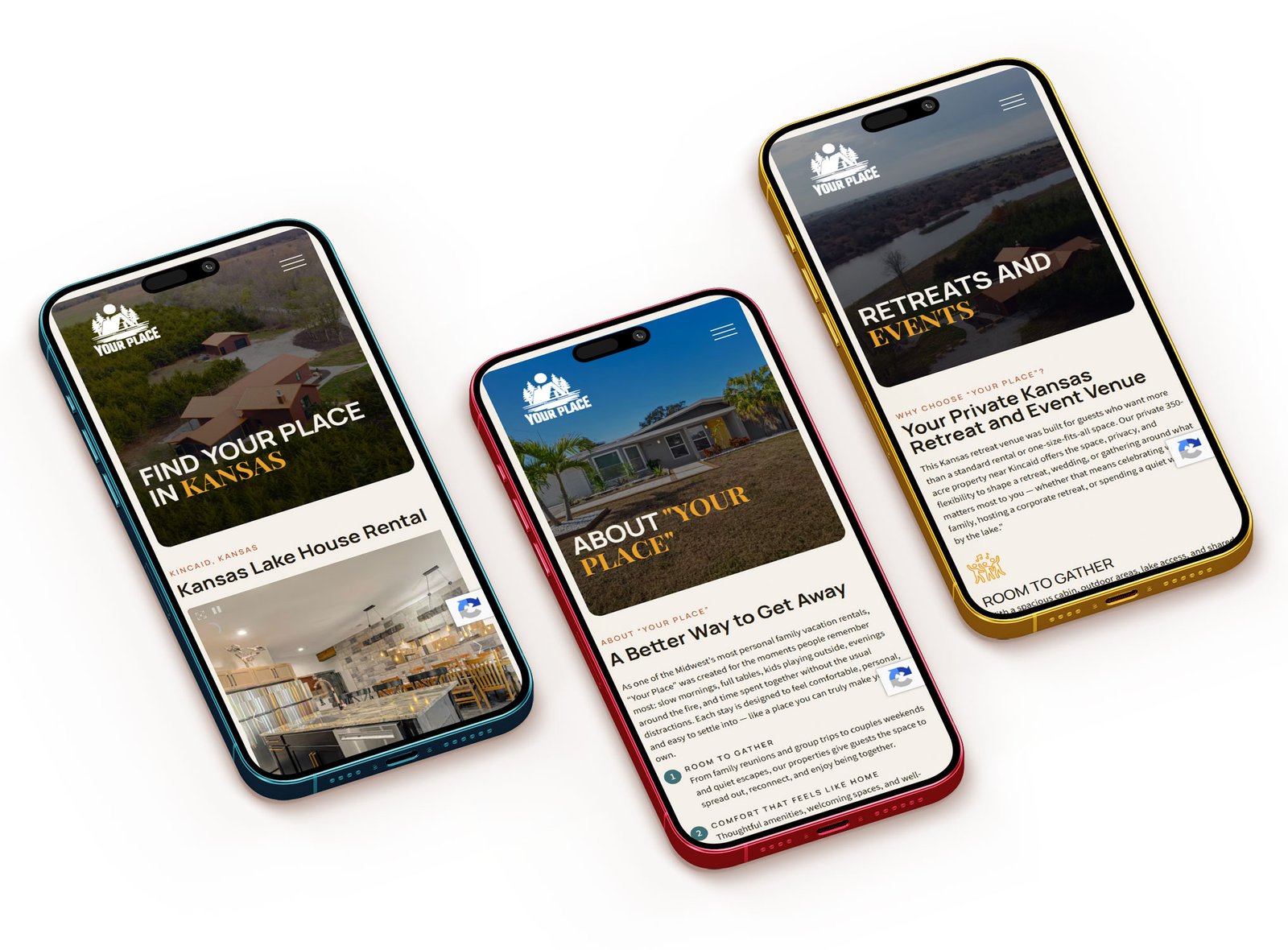 Three smartphones display a vacation rental website redesign showcasing Kansas properties and event venue information.